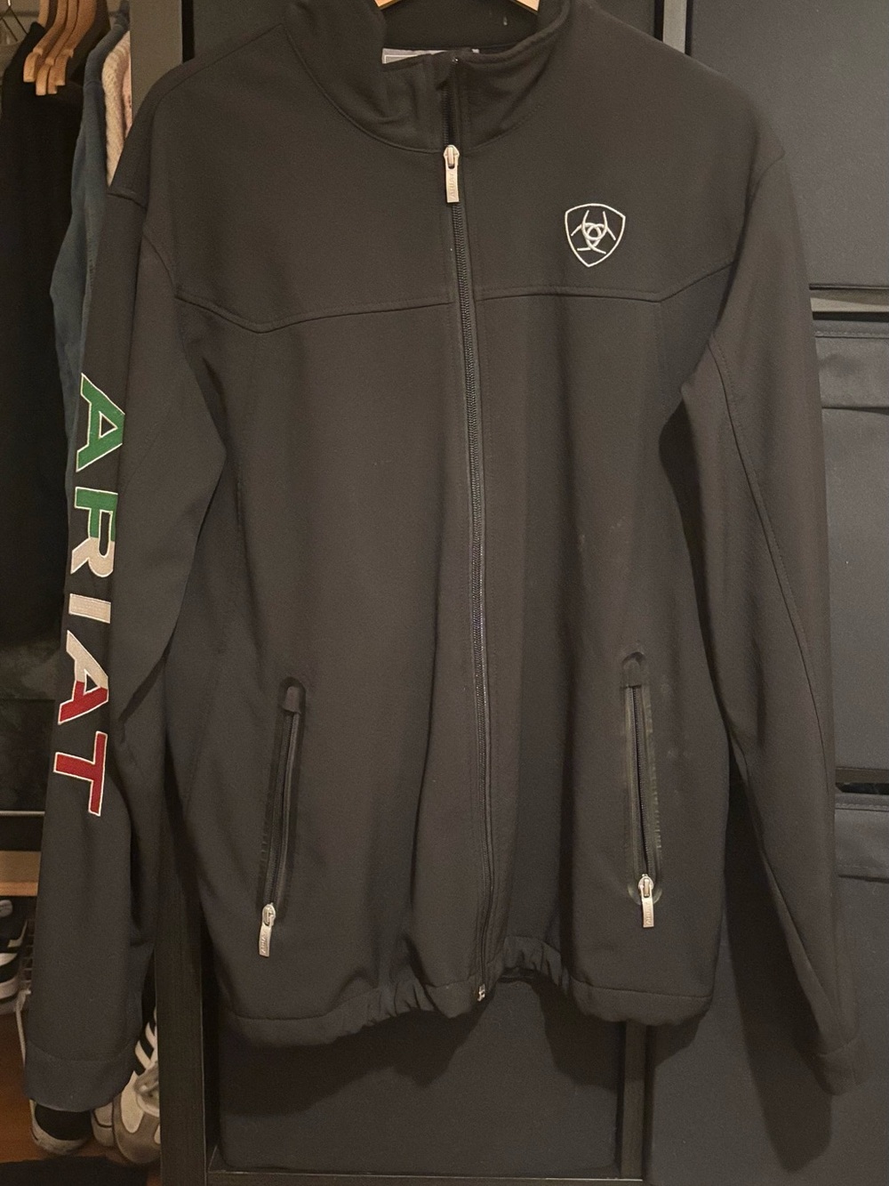 Ariat Black Softshell Performance Jacket with Multicolor Sleeve Logo